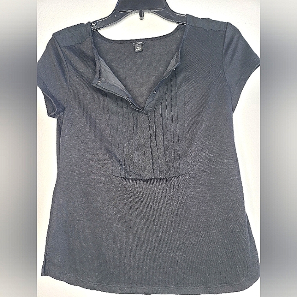 Ann Taylor Semi Sheer SP Black Pleat Button Blouse Small Petite